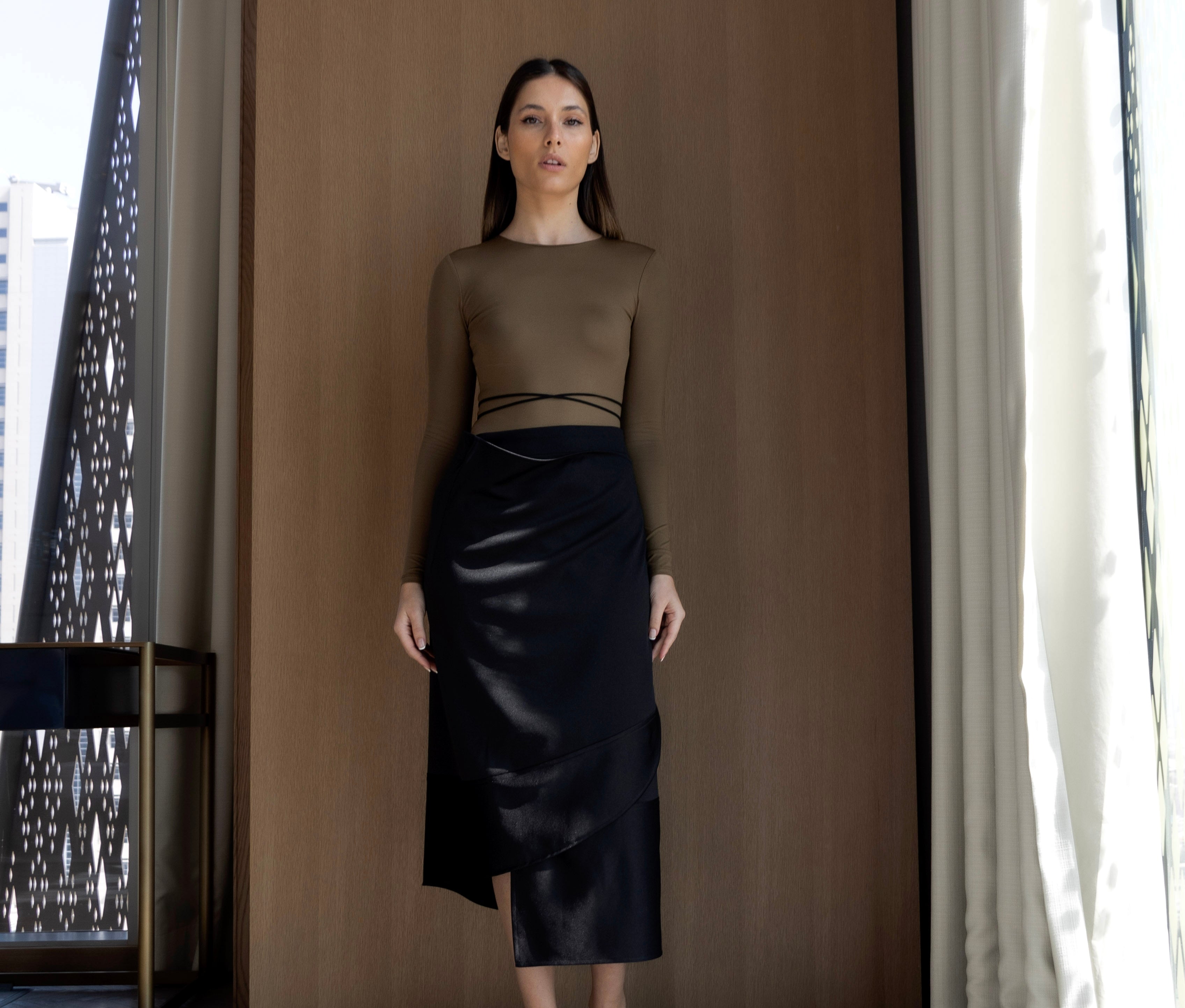 Asymmetric wrap skirt