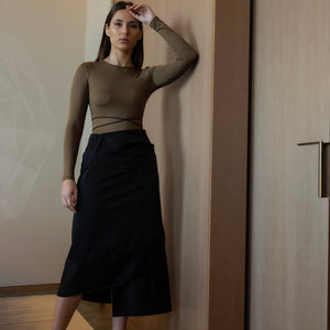 Asymmetric wrap skirt