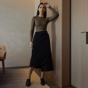 Asymmetric wrap skirt